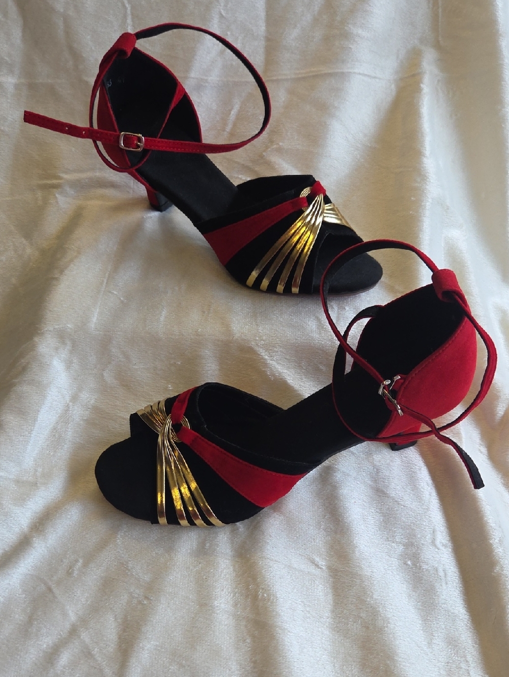 Red and Black Women's Strappy Heels with Gold Accents